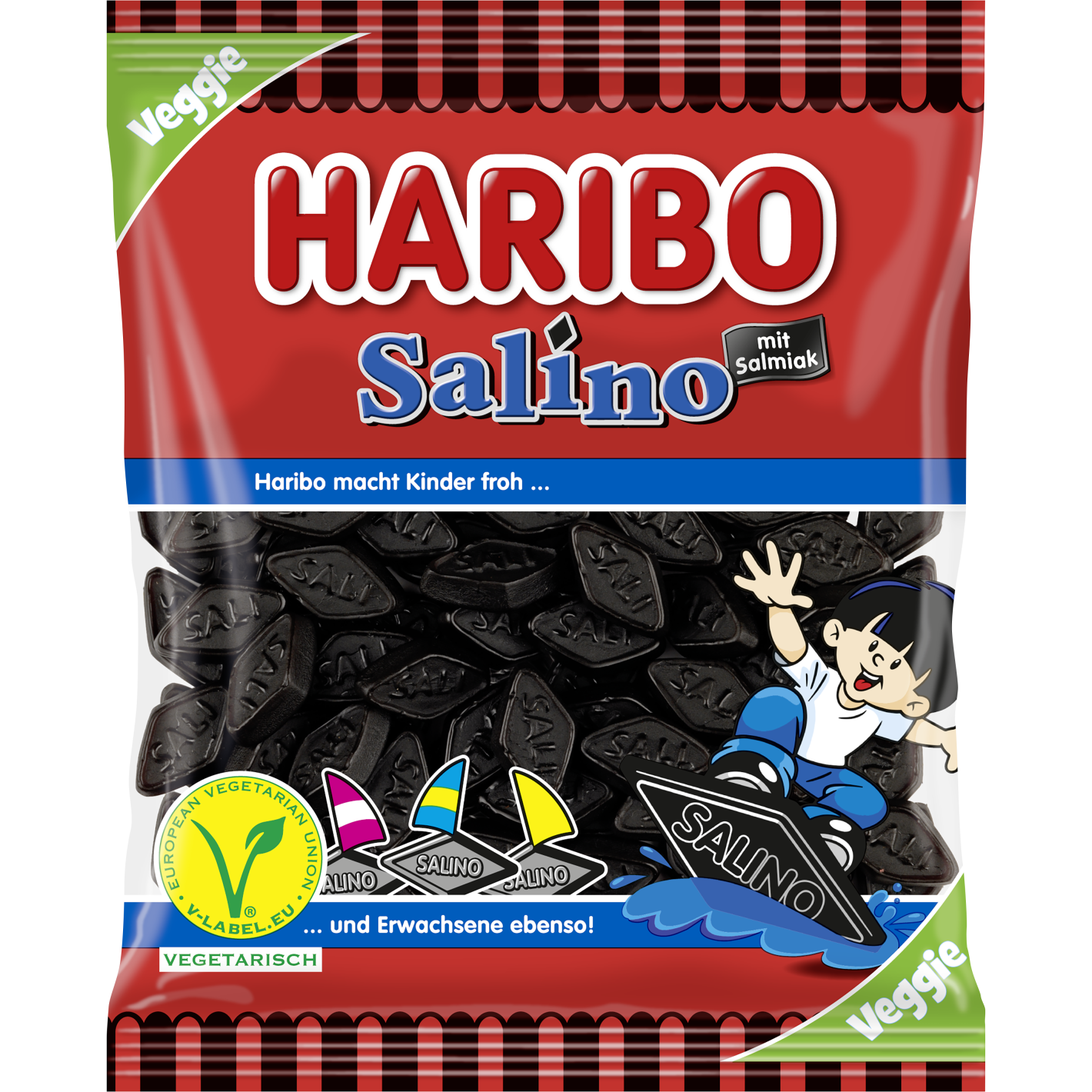 Haribo Salino jelly confectionery snacks showing colorful, fruit-flavored jelly candies in a clear bag.