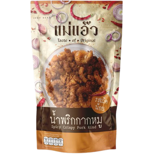 Mae Aew Spicy Crispy Pork Rind in a bag, showing the spicy pork snack with crispy texture and bold flavor branding.
