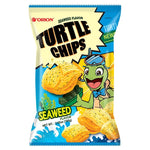 Orion Turtle Chips Seaweed Flavor 160g package showing crispy seaweed flavored snack chips in a bright bag.