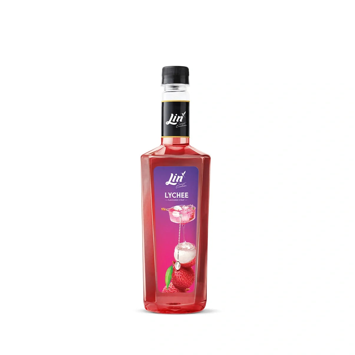 Lin Lychee Flavored Concentrated Syrup 750ml bottle, ideal for drinks and desserts, in a clear plastic container with a label.