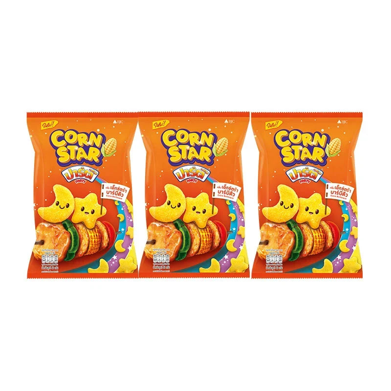 Party Corn Star Extra Barbeque snack packets, 50g each, featuring vibrant packaging with images of corn and barbeque flavor.