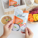 Pure Grain instant porridge with colorful recipe ingredients in a 35g dry grocery packet, ready for quick breakfast preparation.