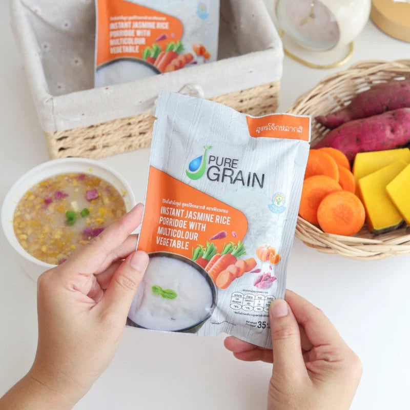 Pure Grain instant porridge with colorful recipe ingredients in a 35g dry grocery packet, ready for quick breakfast preparation.
