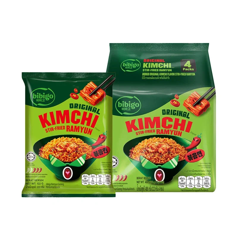 BIBIGO Bibigo Instant Noodles Stir Fried Ramyun Kimchi Flavor 122g pack, dry grocery product with spicy kimchi flavor, four packs shown.