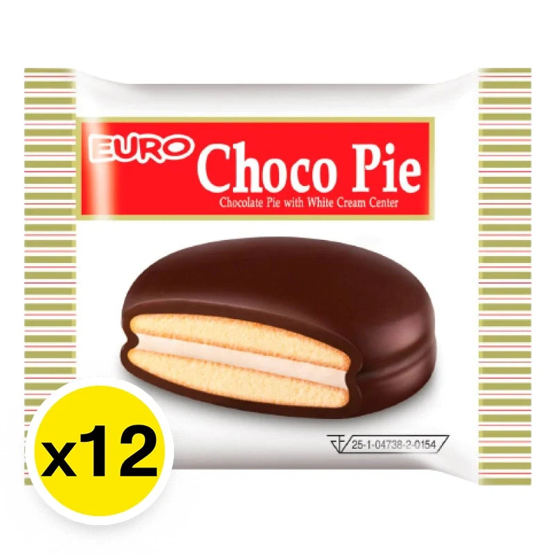 Euro Chocopie chocolate center snack, 18g, pack of 12, soft biscuit with chocolate filling, from EURO CHOCOPIE.