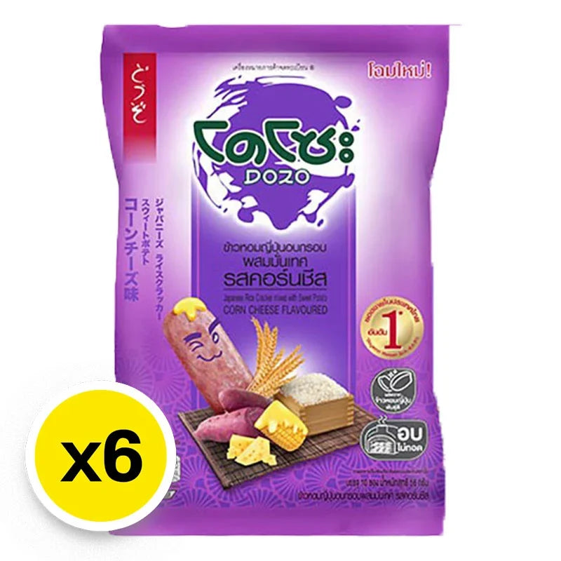 Dozo Sweet Potato Cracker snack pack, 56g x6, dry grocery snack with crispy texture and sweet potato flavor, in colorful packaging.