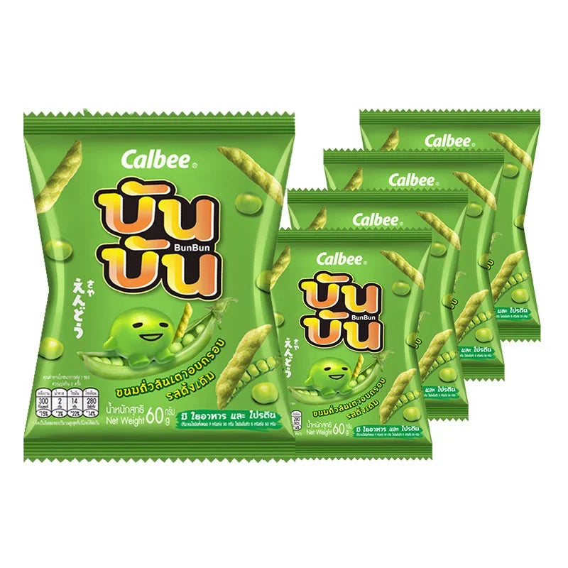 BUN BUN Green Pea Snack 60g pack, dry grocery snack with vibrant green peas in a resealable bag.