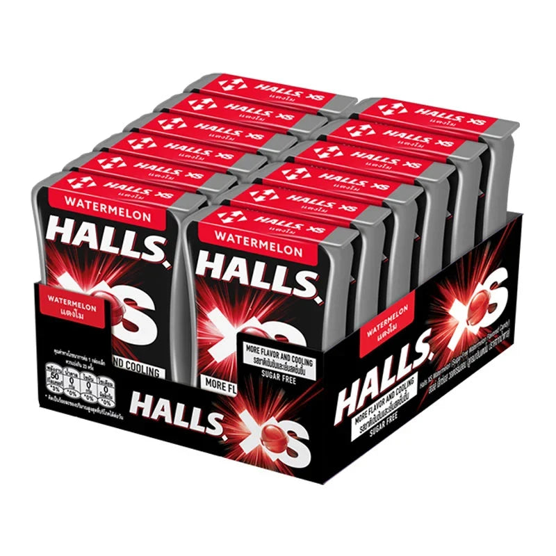 Halls XS Watermelon lozenges in 12g pack, small candies from the Halls brand, ideal for refreshing snack or confectionery.