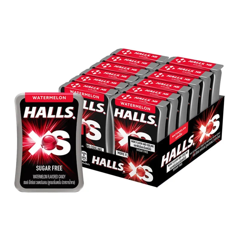 Halls XS Watermelon lozenges in 12g pack, sugar-free cough drops from HALLS, featuring watermelon flavor and small, portable size.