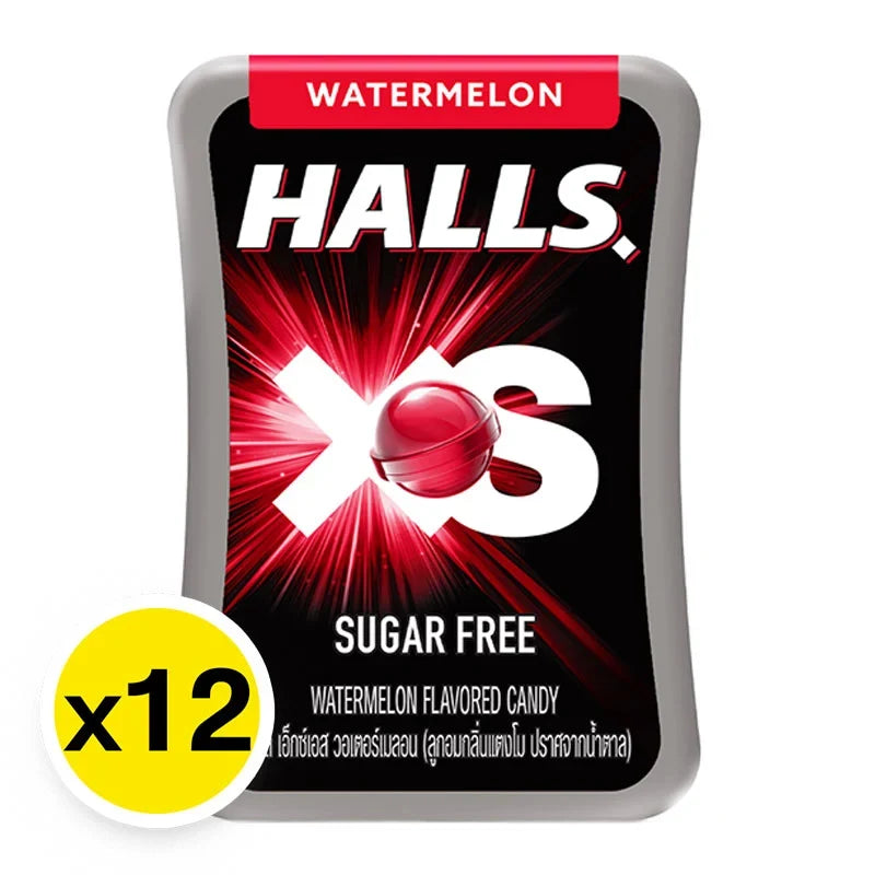 Halls XS Watermelon cough drops in a 12-pack, small candy lozenges with watermelon flavor from Halls.