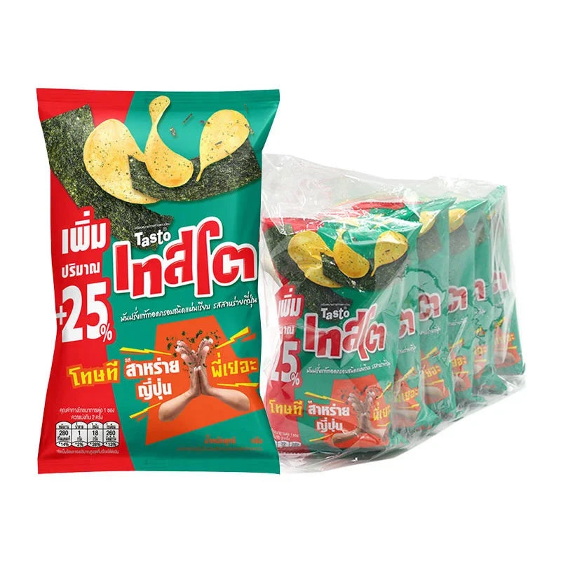 Tasto Potato Chips Japanese Seaweed snack in 42g bags, showing crispy chips with seaweed flavor and Tasto branding.