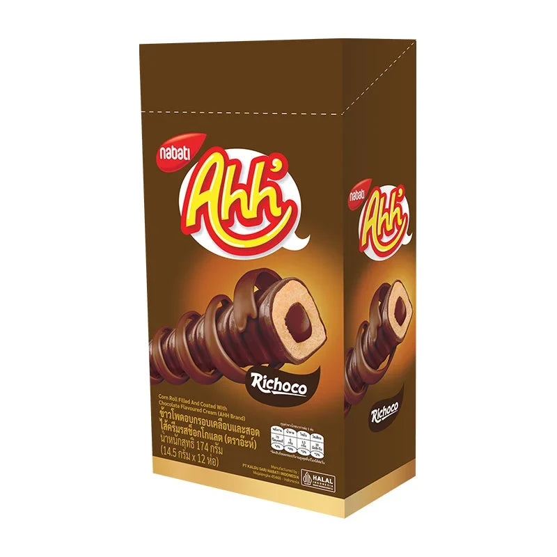 AHH Corn Roll Chocolate snack in 14.5g package, dry grocery snack with crunchy corn and chocolate coating, from AHH brand.