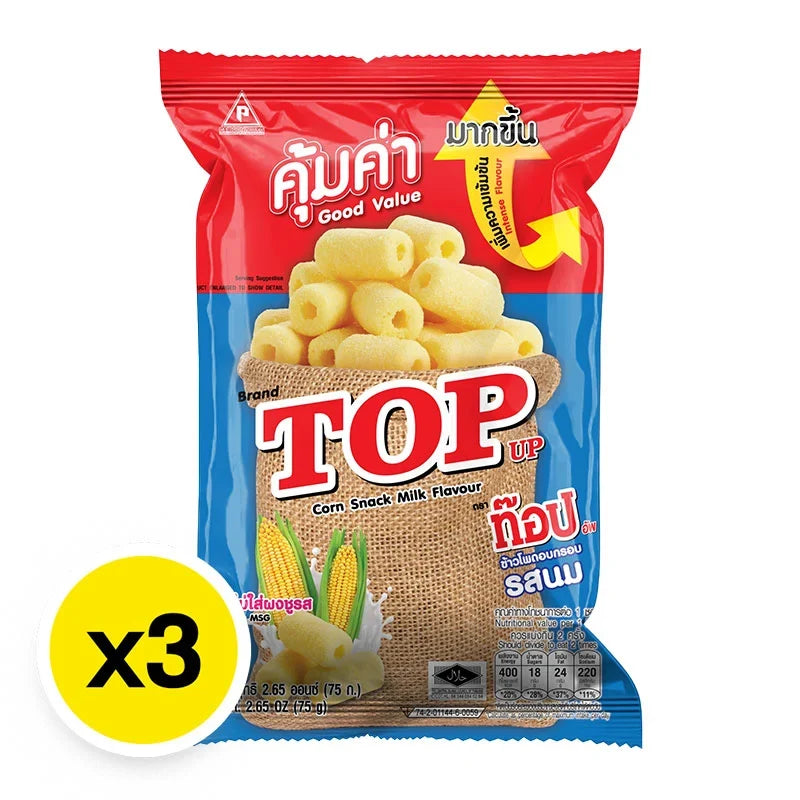 Top Up Corn Snack Milk 75g pack showing crispy corn snack pieces in bright packaging for dry grocery or snack lovers.