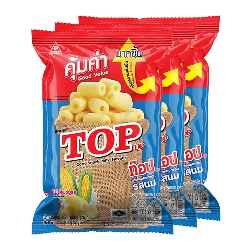 TOP UP Corn Snack Milk 75g x3, dry grocery snack pack, crunchy corn snack with milk flavor in a multi-pack, branded TOP UP.