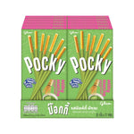 Pocky Matcha Green Tea snack box with ten 35g packs, featuring chocolate-coated biscuit sticks with green tea flavor.