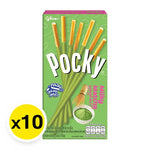Pocky Matcha Green Tea snack sticks in 35g packages, arranged in a row with green packaging and Japanese branding.