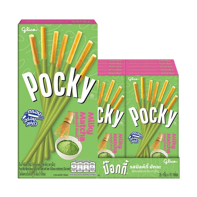 Pocky Matcha Green Tea snack sticks in 35g x10 pack, featuring green tea-flavored biscuit sticks from POCKY.