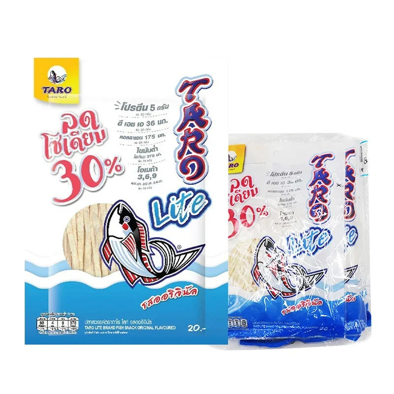 Taro Lite Fish Snack 20g x6 from TARO, dry grocery snack with dried fish pieces in a clear bag, colorful packaging.