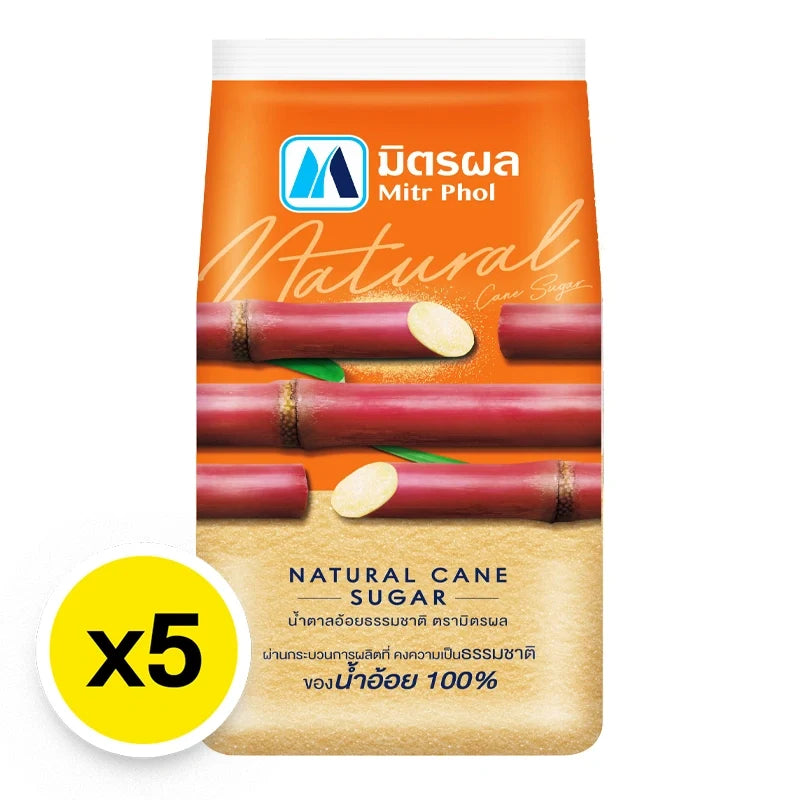 Mitr Phol natural cane sugar 1kg pack, five bags displayed, ideal for baking and sweetening in dry grocery shopping.