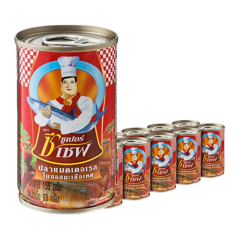 Super C Chef Mackerel in Tomato Sauce 155g, tin can, with label showing fish and tomato sauce, stacked in a box.