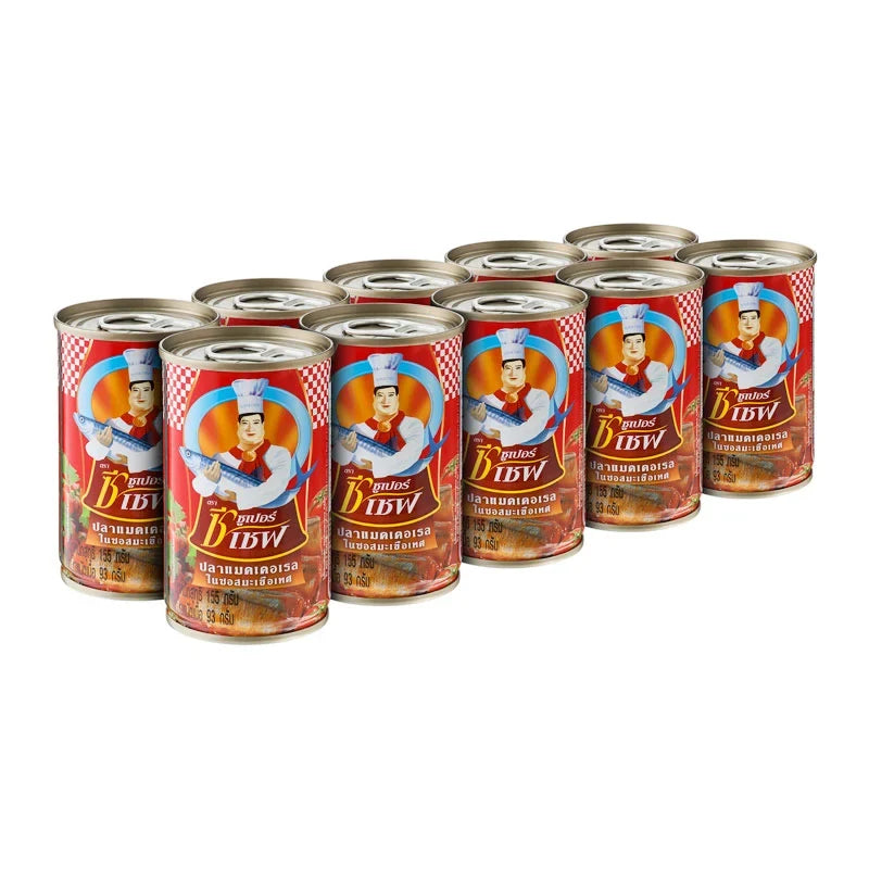 Super C Chef Mackerel in Tomato Sauce 155g can, featuring the product label and open can showing mackerel fillets in tomato sauce.