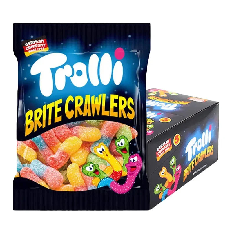 Trolli Gummy Brite Crawler candies in 14g packs, colorful gummy snack from Trolli, part of dry grocery confectionery assortment.