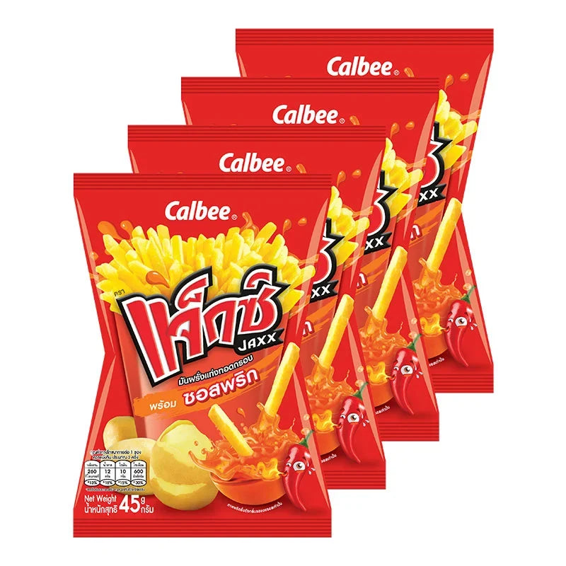 JAXX Jaxx Extrude snack with chili sauce in 45g pack, crispy confectionery treat for snacking.