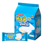 Tivoli Twin Jumbo Milk chocolate snack packets, 35g each, display of 12 colorful TIVOLI branded dry grocery treats