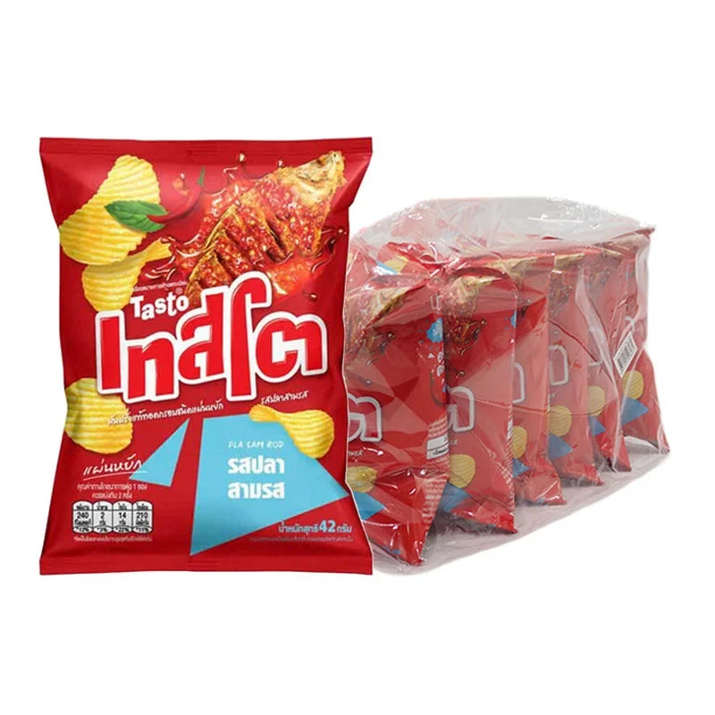 Tasto Potato Rock Chips Pla Sam Rod 42g snack bag, crispy potato chips in colorful packaging, ideal for dry grocery and snack lovers.