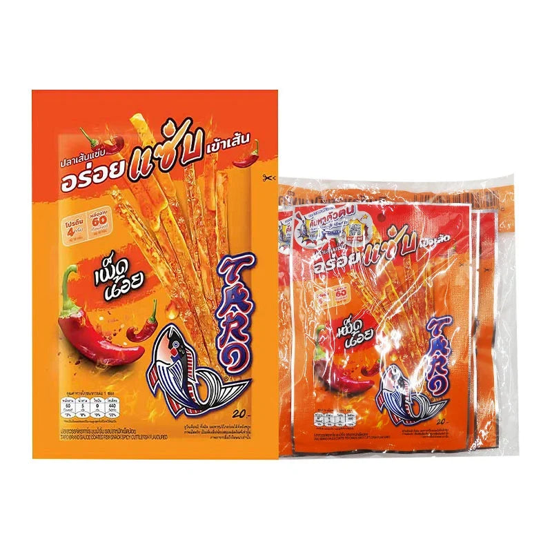TARO Taro Sauce Coated Fish Snack with spicy cuttlefish flavor, 18g x6 pack, dry grocery snack, savory seafood confectionery.
