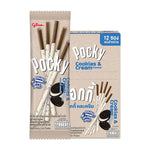 Pocky Cookies Cream snack box with chocolate biscuit sticks coated in cookies and cream flavor, 11g.