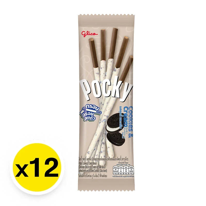Pocky Cookies and Cream snack sticks in 11g package, dry grocery confectionery with chocolate and biscuit flavors.