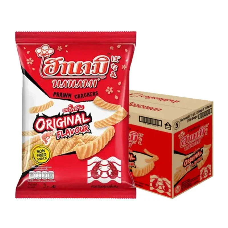 Hanami Prawn Crackers 13g snack package, dry grocery seafood-flavored crispy prawn chips in colorful packaging.