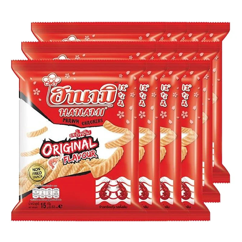 Hanami Prawn Crackers 13g, crispy seafood snack from Hanami, shown in a colorful package with crunchy prawn-flavored crackers.