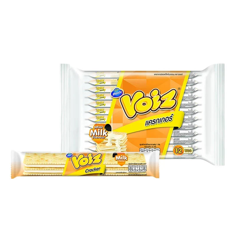 Voiz Milk Cracker 24g, dry grocery snack, showing a close-up of crispy milk-flavored crackers in a clear package.