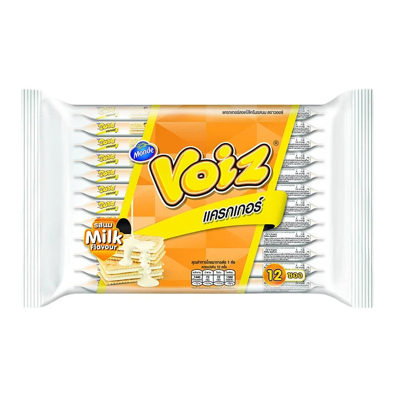 Voiz Milk Cracker 24g, dry grocery snack with crispy milk-flavored crackers in a colorful package.