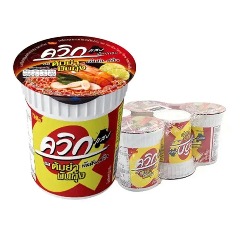 Quick Instant Noodle Cup Tom Yum Mun Kung 60g, dry grocery, with spicy tom yum flavor and seafood ingredients in the cup.