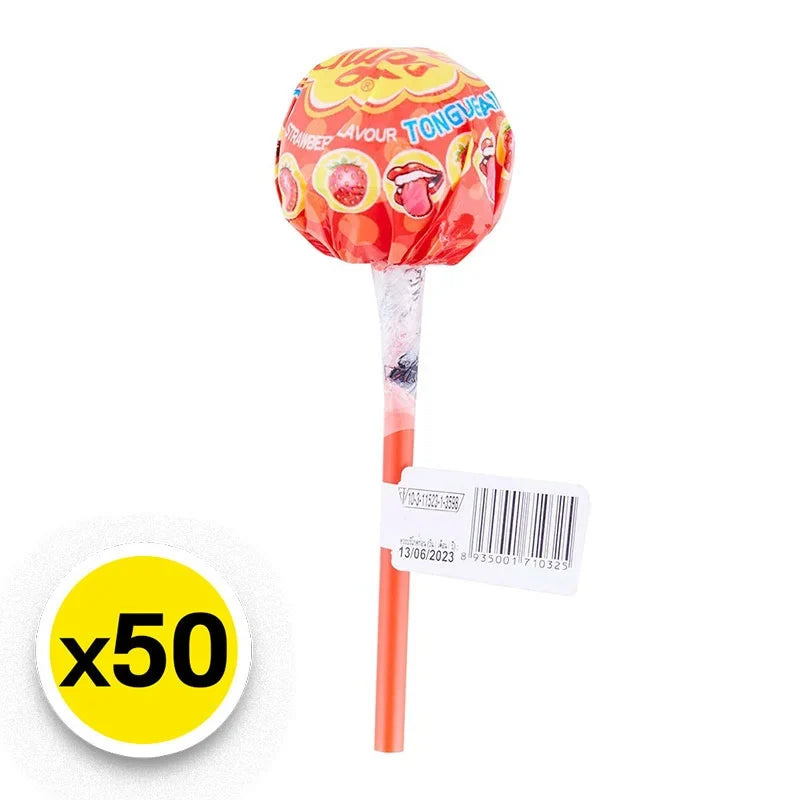 Assorted Chupa Chups lolipops in 9.5g packs, displayed in a box, featuring colorful candy and branded packaging.