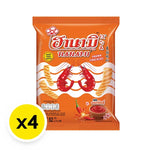 Hanami Prawn Cracker Hot & Chili snack pack, 52g x4, crispy seafood-flavored dry grocery snack with spicy chili seasoning.
