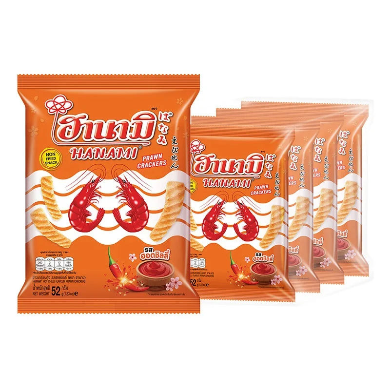 Hanami Prawn Cracker Hot & Chili, 52g snack bag, crispy seafood flavored snack from Hanami, perfect for spicy snack lovers.