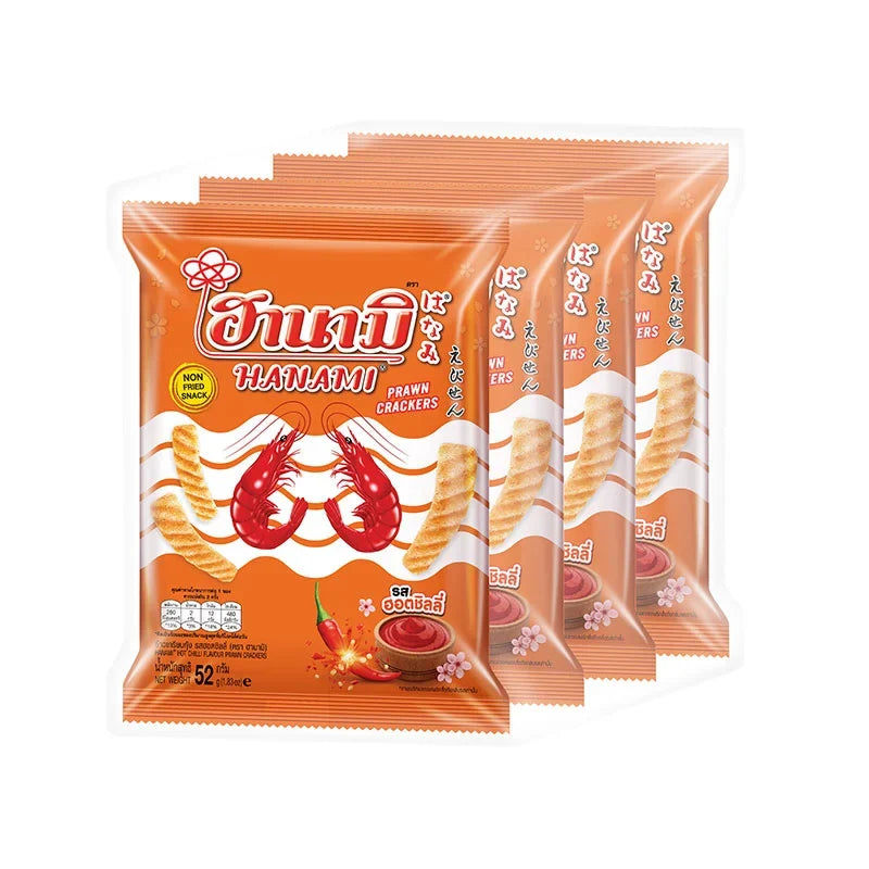 Hanami Prawn Cracker Hot & Chili snack pack, 52g x4, crispy seafood-flavored snack with spicy chili seasoning in a colorful bag