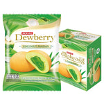 Dewberry Coconut Pandan Cake Snack in 15g package, dry grocery confectionery with coconut and pandan flavor, branded DEWBERRY.
