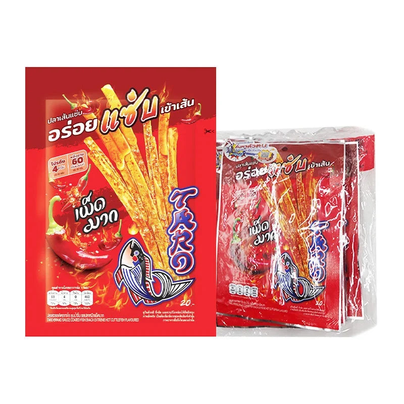 TARO Taro Sauce Coated Fish Snack in extreme hot cuttlefish flavor, 18g x6 packs, spicy seafood snack from dry grocery snack selection.