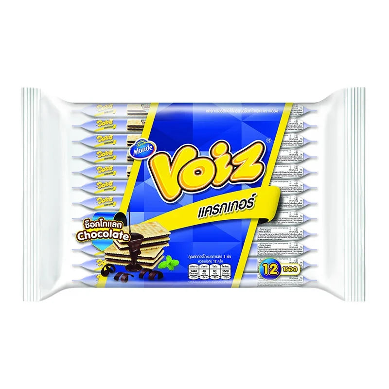 Voiz cracker with chocolate cream filling, 24g snack, shown in packaging, part of dry grocery snacks and confectionery.