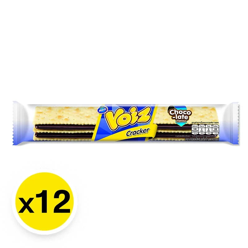 Voiz Cracker with chocolate cream filling, 24g snack, showing a crispy cracker with chocolate cream inside in a package.