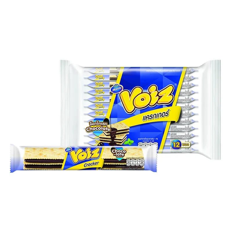 Voiz Cracker with chocolate cream filling, 24g snack, featuring crispy cracker and smooth chocolate filling in a colorful package.