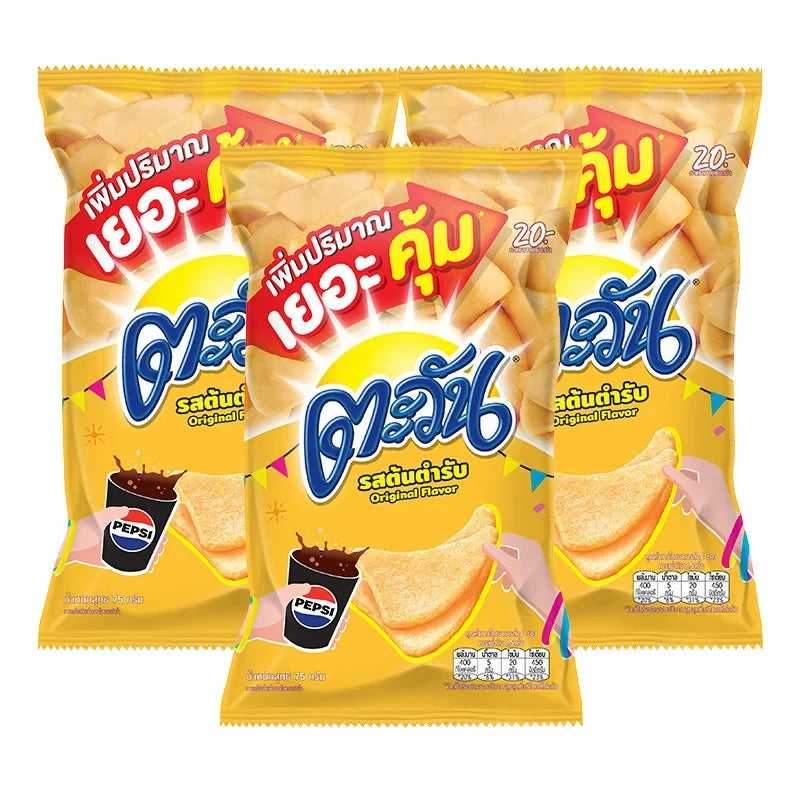 Tawan Tapioca Chips Original Flavor, 75g pack, crispy snack in a clear bag, part of dry grocery snacks and confectionery selection