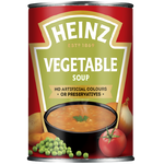 Heinz Vegetable Soup in a bowl with visible chunks of vegetables, showcasing the canned soup product.