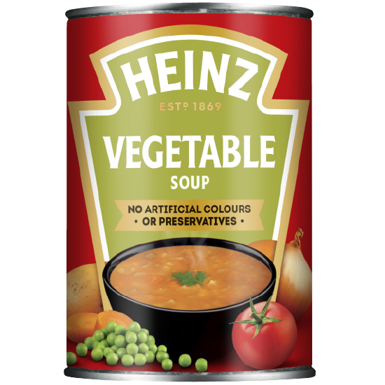 Heinz Vegetable Soup in a bowl with visible chunks of vegetables, showcasing the canned soup product.