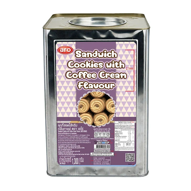 ARO Sandwich Cookies Coffee Cream, 1.3kg, dry grocery snack featuring creamy coffee filling and crispy cookie layers.